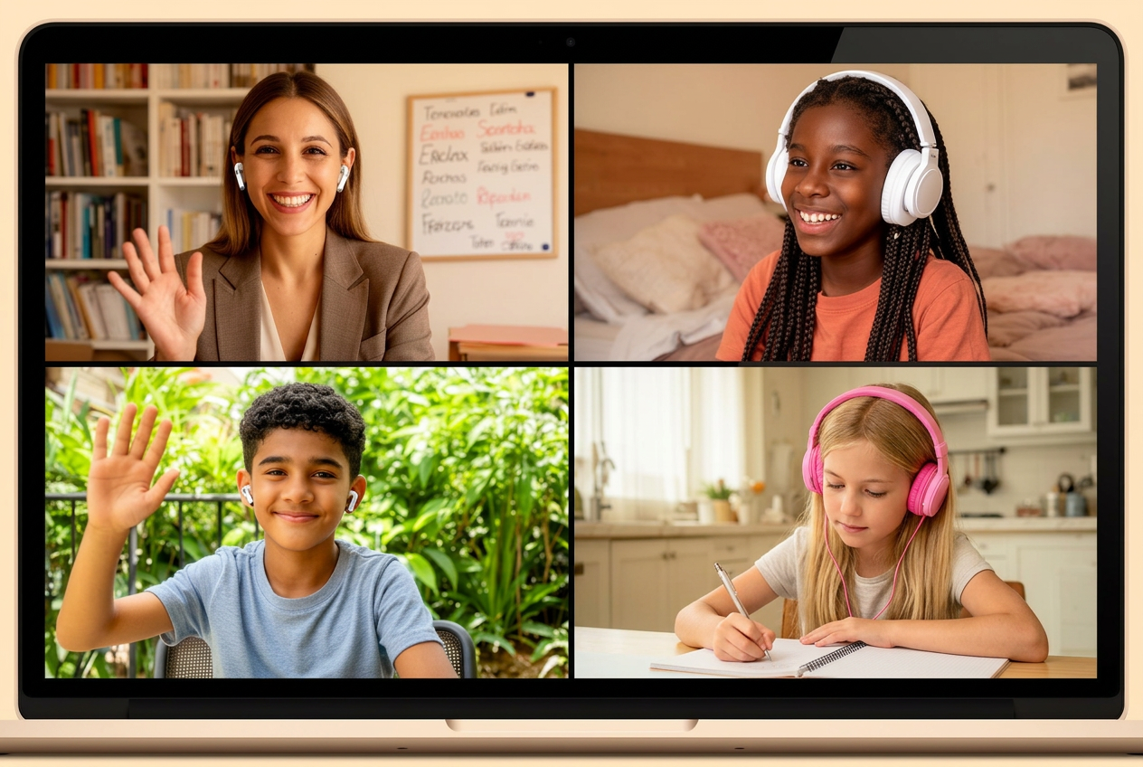 Anywhere Learning: The Online Advantage - students learning at home, on vacation, and in a cafe