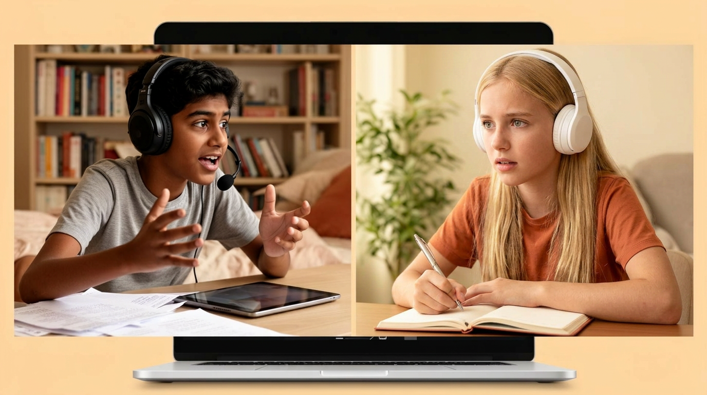 Two teenage students debating online in Spanish or French